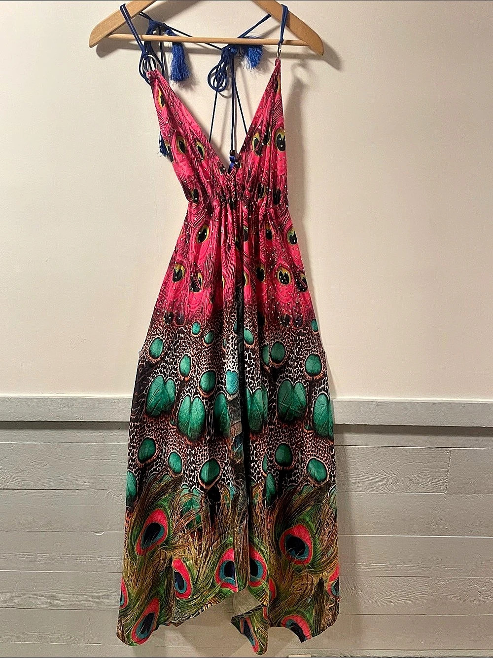 Y2k backless Double Decker Peacock Print Embellished Maxi Dress rhinestone leopa